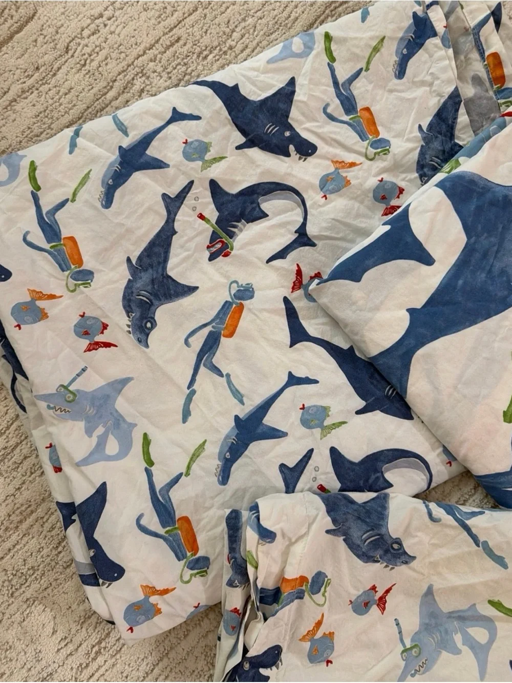 Pottery Barn TWIN Kids Ocean Shark DUVET FLAT SHEET AND PILLOWCASE
